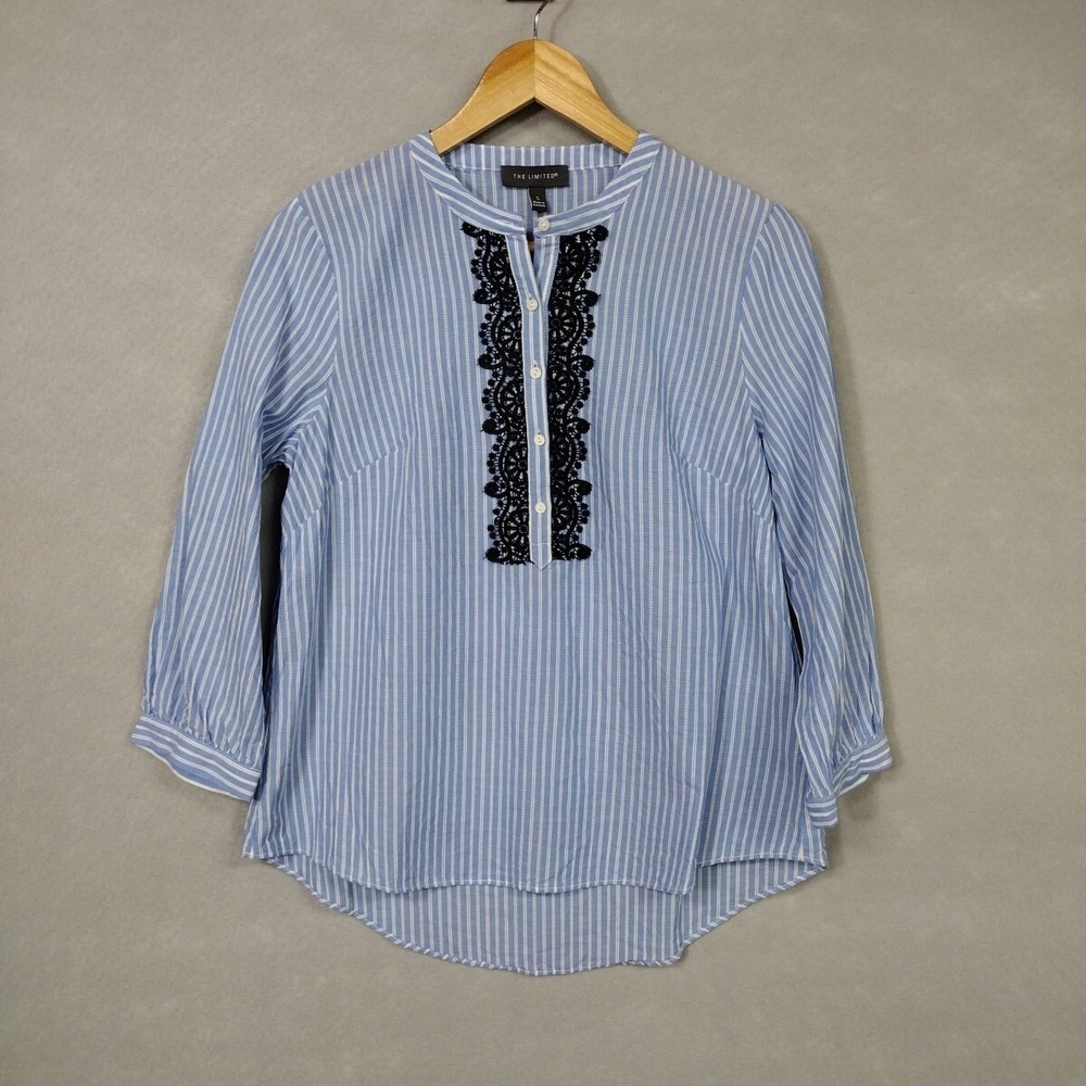 The Limited Shirt Women's S Lace Applique Striped ½ Button Up ¾ Sleeve Blue BOHO